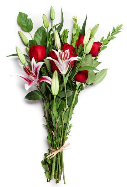 Red Roses, Red and White Lilies Bouquet