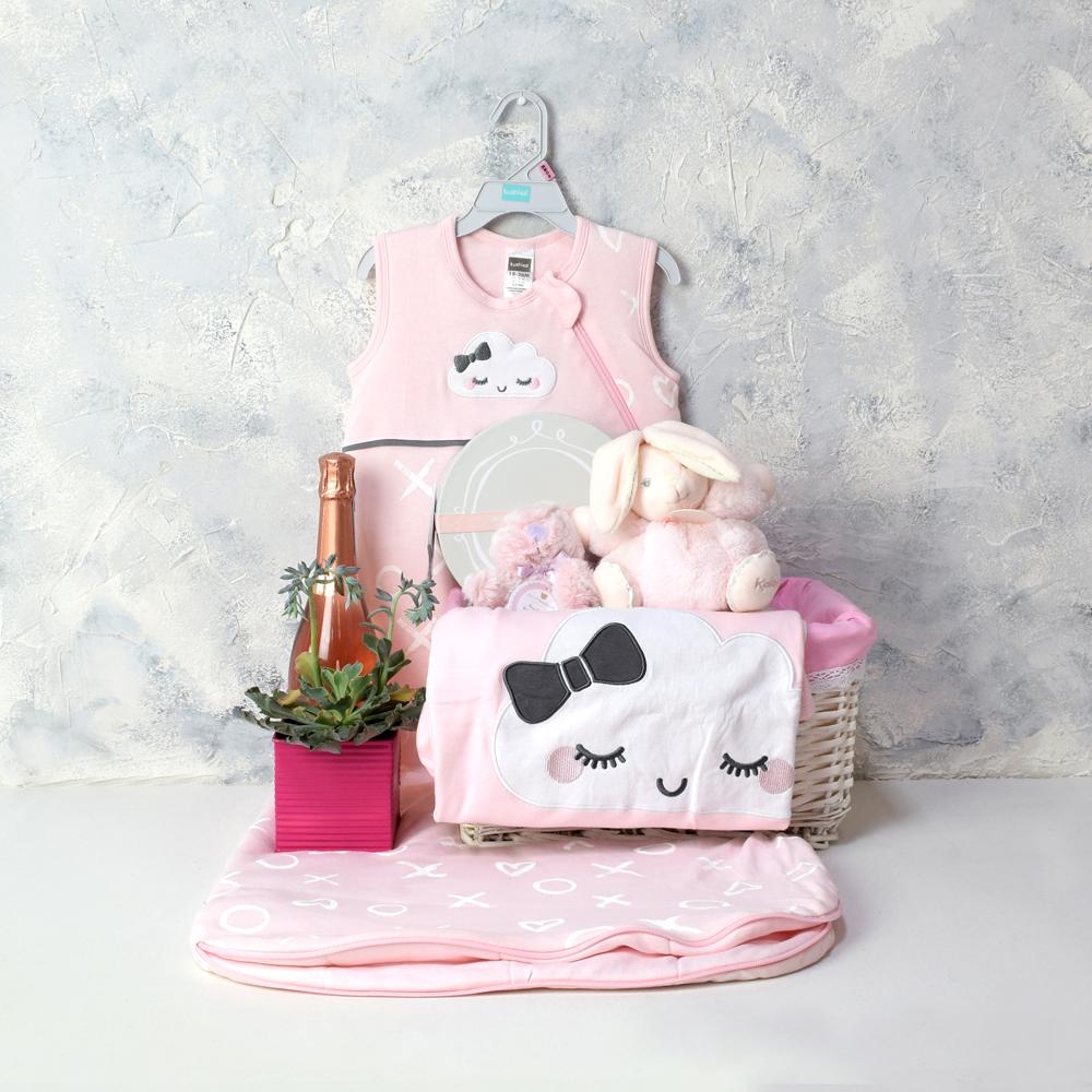 A LITTLE LOVE BABY GIRL GIFT BASKET WITH CHAMPAGNE