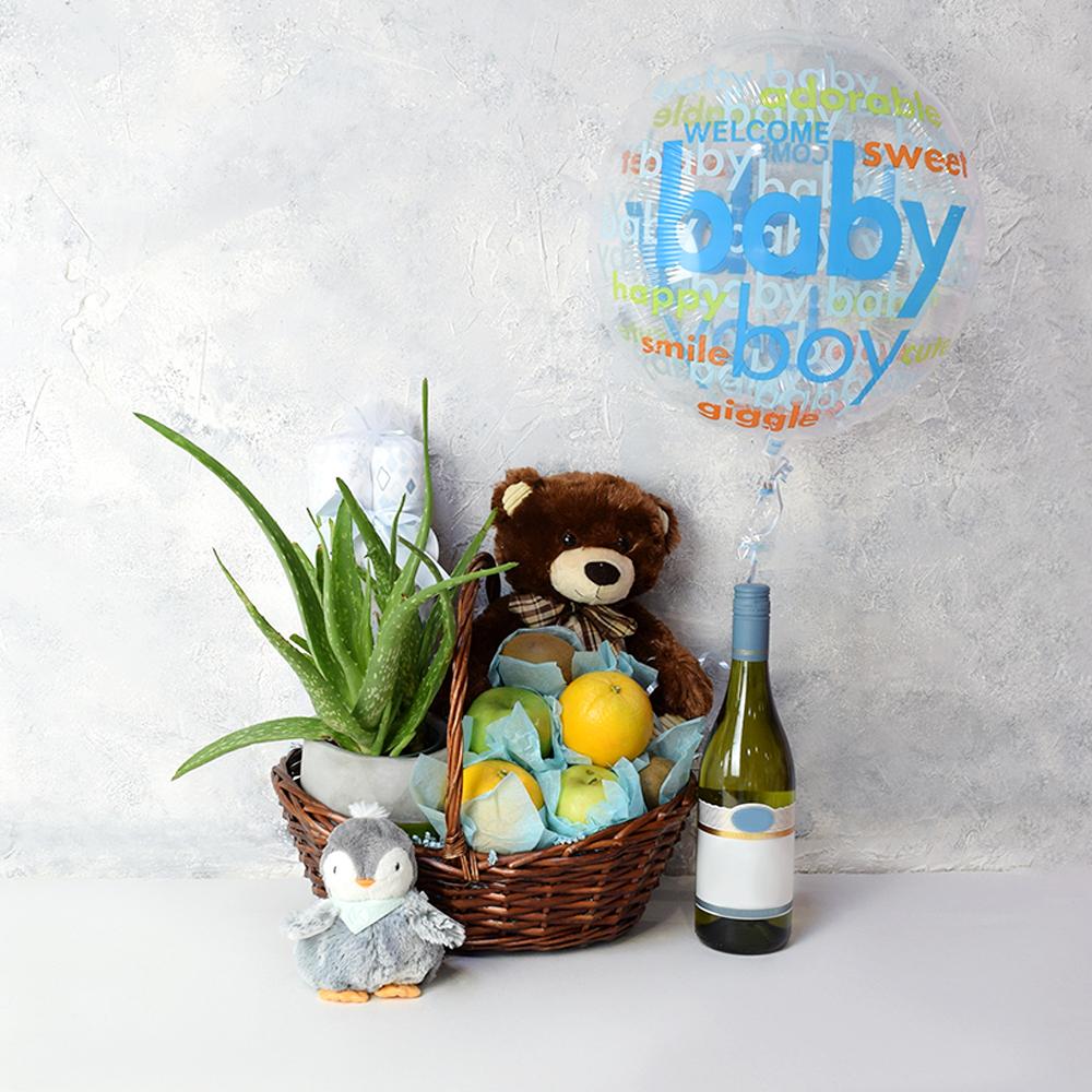 Joyful Baby Boy Gift Basket with Wine