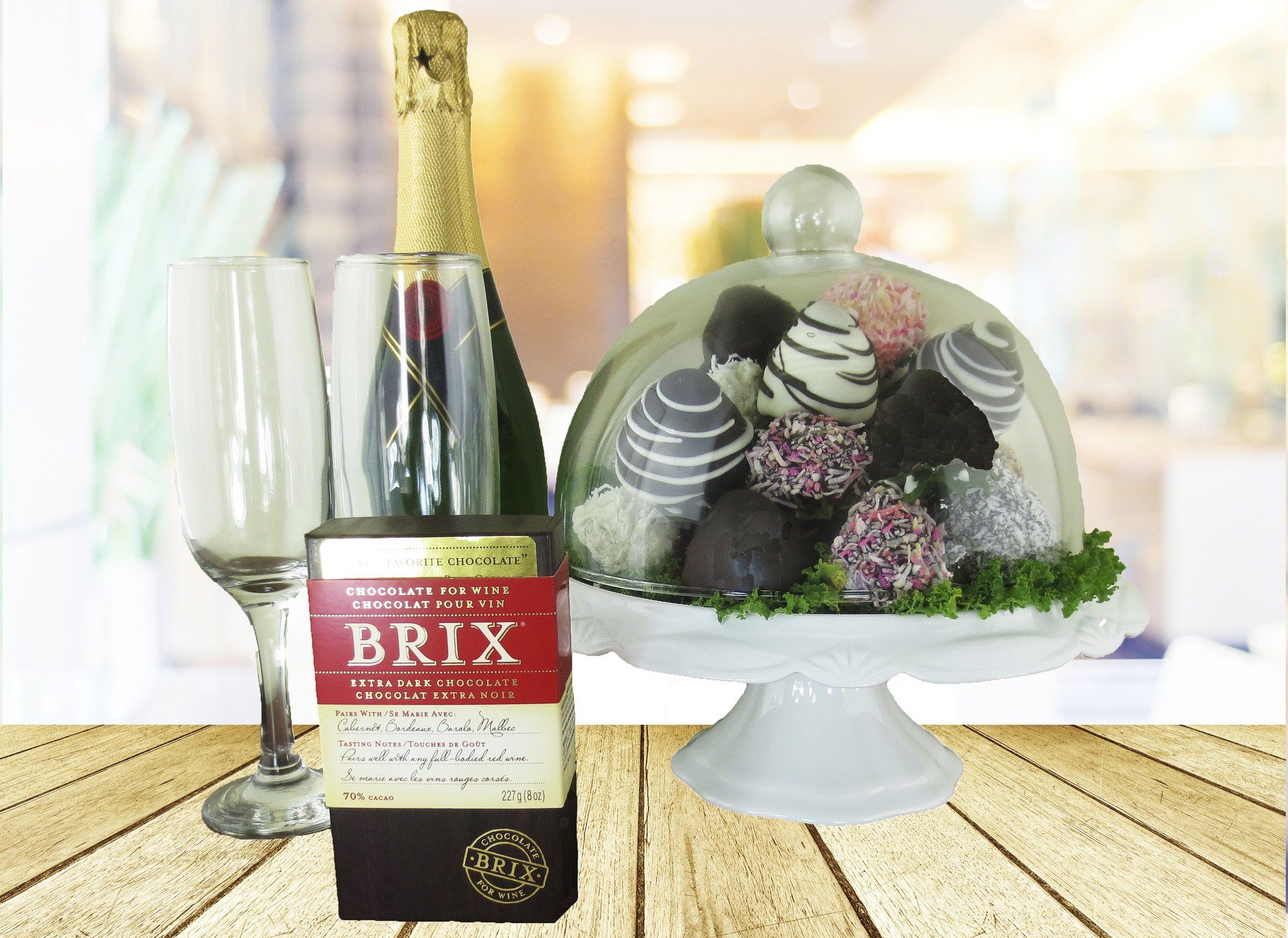 Champagne, Chocolate & Chocolate Dipped Strawberries in a Dome