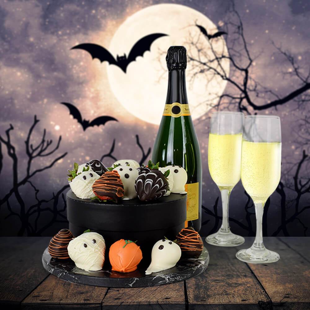 Spooky Halloween Chocolate Dipped Strawberries & Champagne