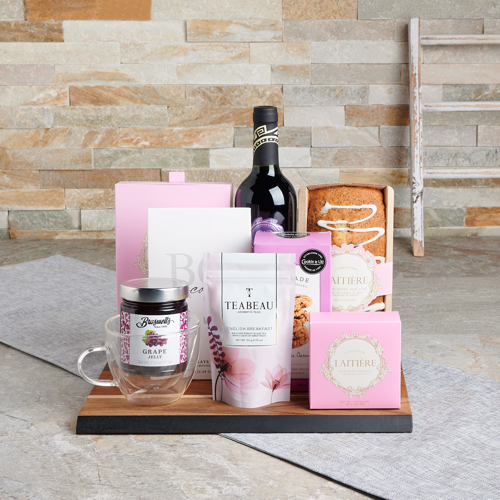 Chocolate, Tea & Wine Gift Basket, wine gift, wine, tea gift, tea, chocolate gift, mother's day, mother's day gift