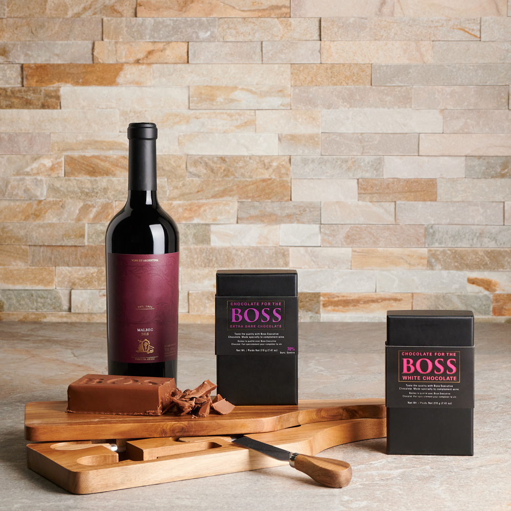 Chocolate & Wine for the Boss Gift Basket, Wine Gift Baskets, Chocolate Gift Baskets, USA Delivery