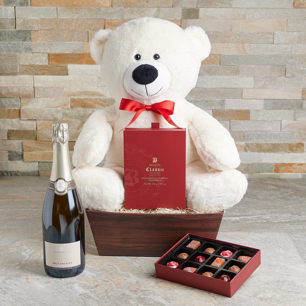 Charming Chocolate & Bear Gift Set With Champagne – Champagne gift baskets  – Canada delivery – US delivery