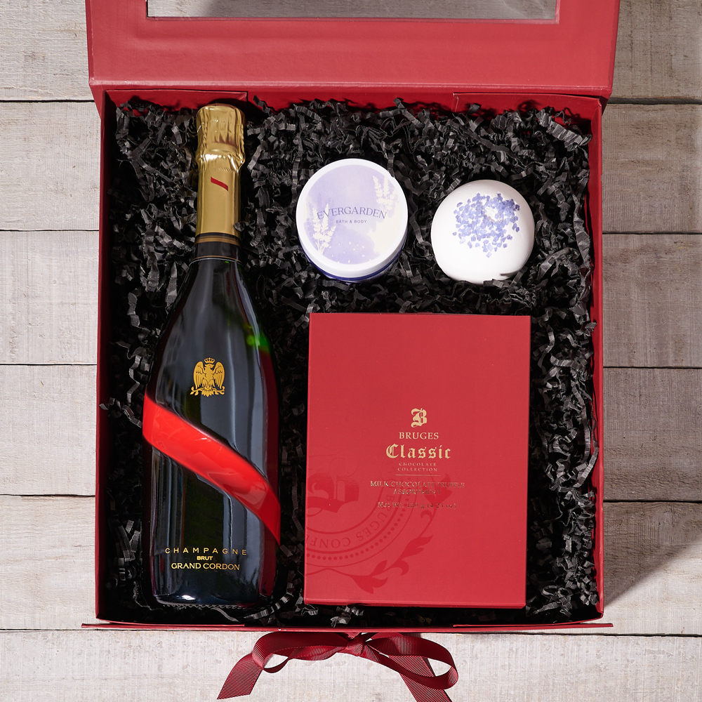 Classic Valentine’s Day Gift Basket, Valentine's Day gifts, sparkling wine gifts, chocolate