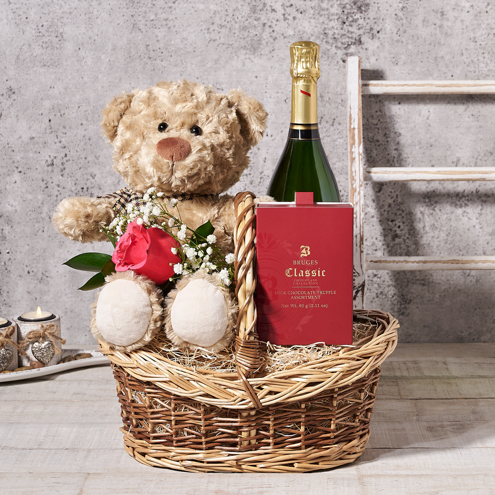 Bear & Bubbly Valentine’s Gift Basket, Valentine's Day gifts, sparkling wine gifts, plush gifts, chocolate gifts