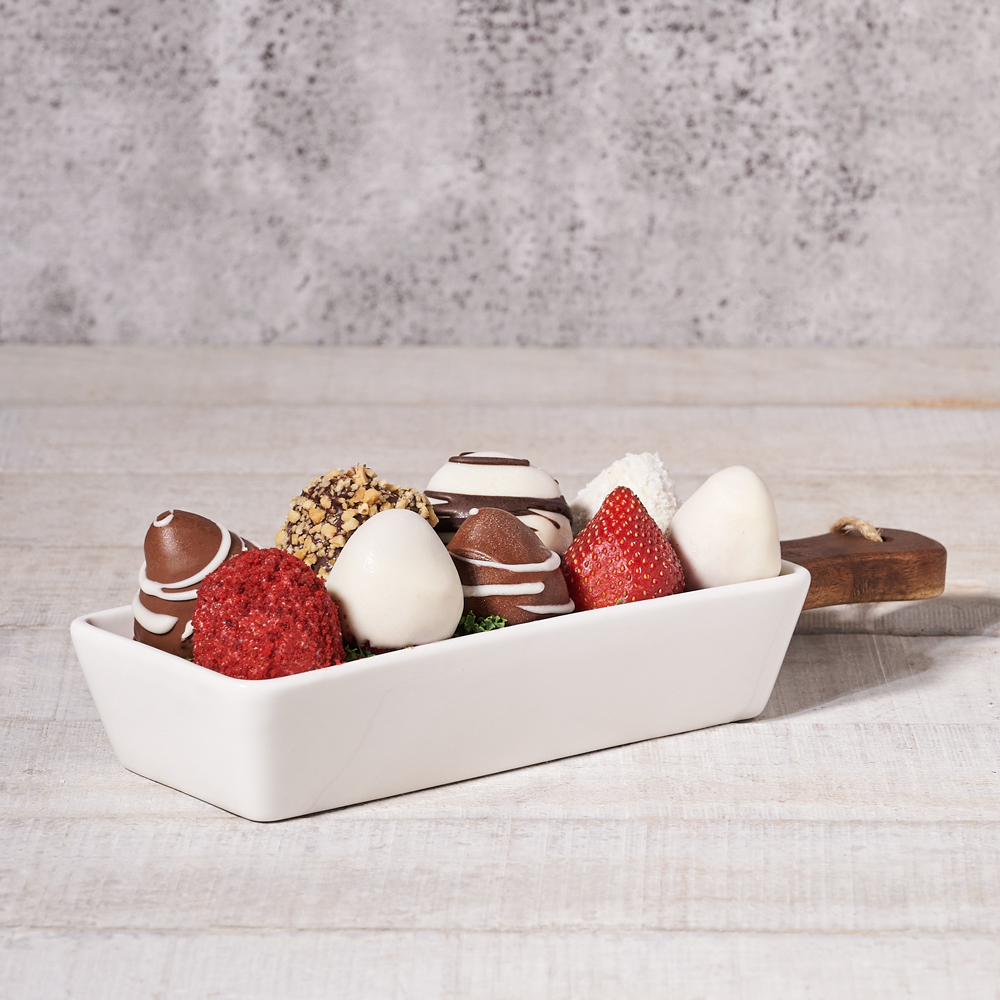 Boxwood Dish of Chocolate Dipped Strawberries, Valentine's Day gifts, chocolate covered strawberries