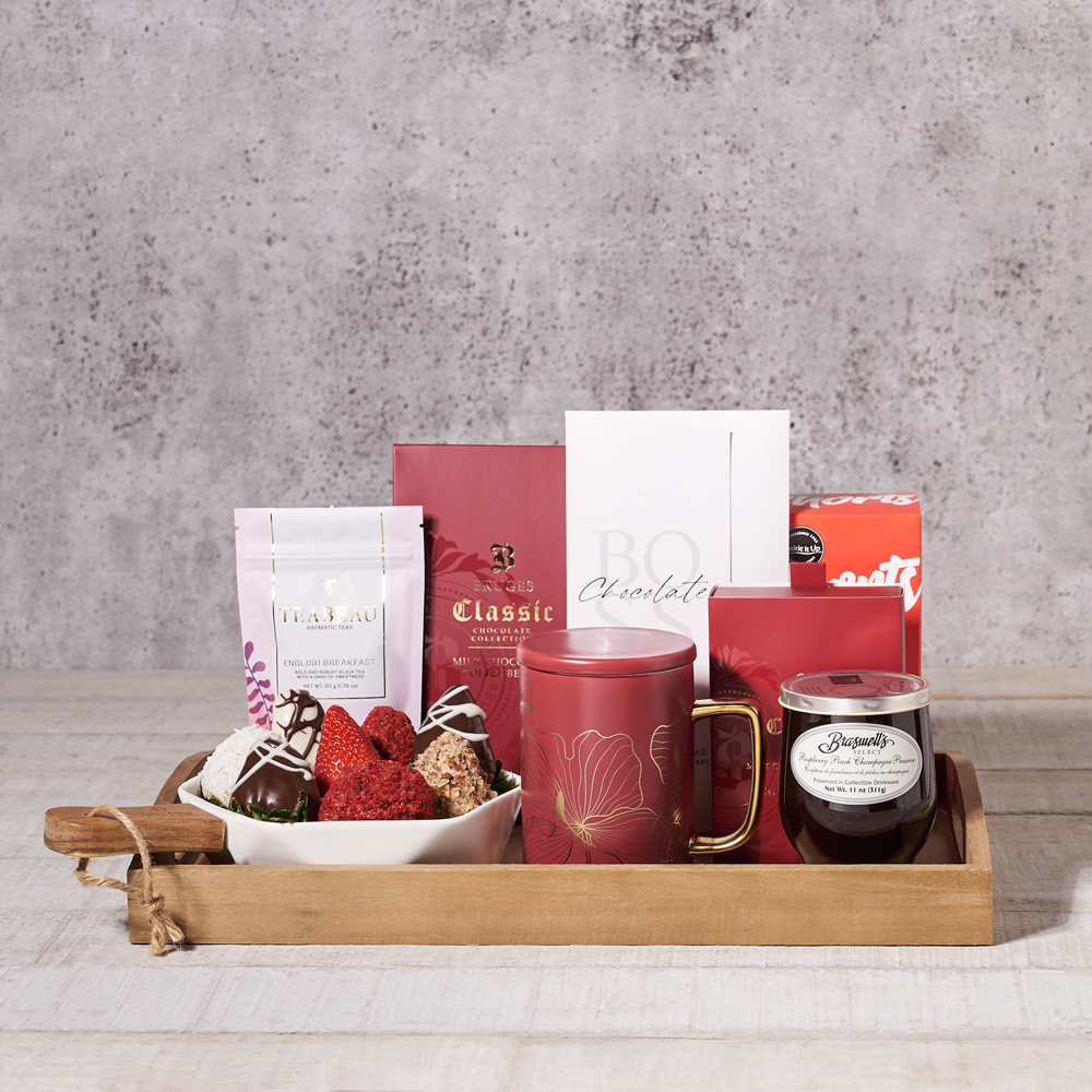 Indulgent Strawberries & Tea Gift Tray, Valentine's Day gifts, chocolate covered strawberries