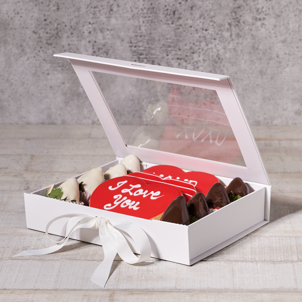 Dainty Valentine Cookie & Chocolate Strawberry Gift Set, Valentine's Day gifts, chocolate strawberries gift