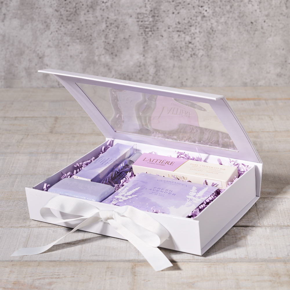 Fresh Lavender Spa Gift Box, Valentine's Day gifts, spa gifts, Chocolates, Bath salts, Soap bar, Perfume Roller