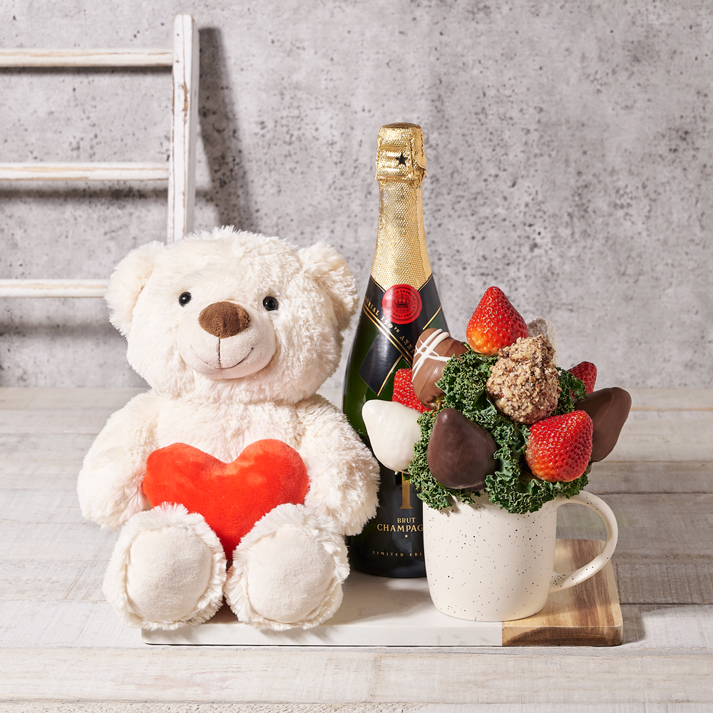 The Chocolate Dipped Strawberries Mug Set with Champagne, sparkling wine gifts, Valentine's Day gifts, plush gifts, chocolate covered strawberries