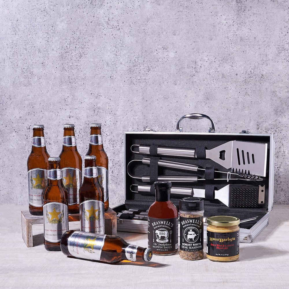 Deluxe Barbeque Tool Gift Basket with Beer!, gift baskets, gourmet gifts, gifts, beer