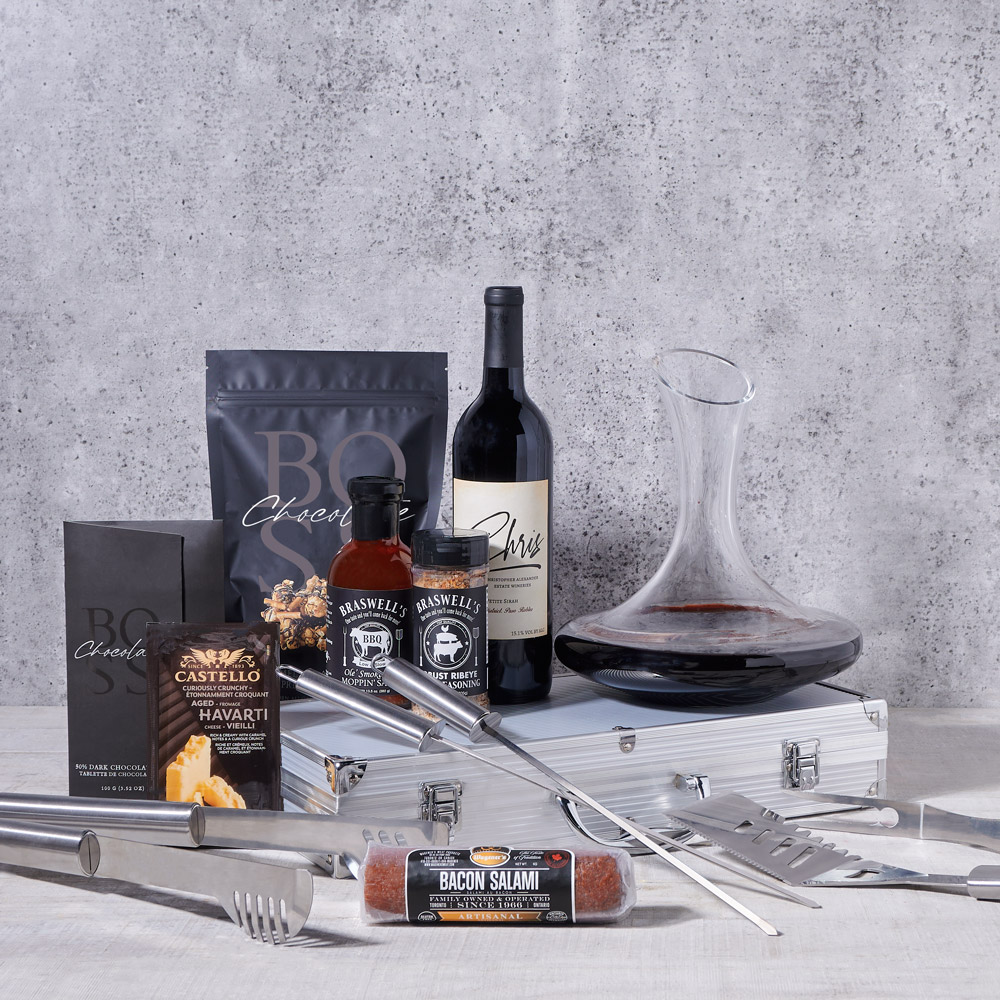 Deluxe Barbeque Tool Gift Basket with Wine