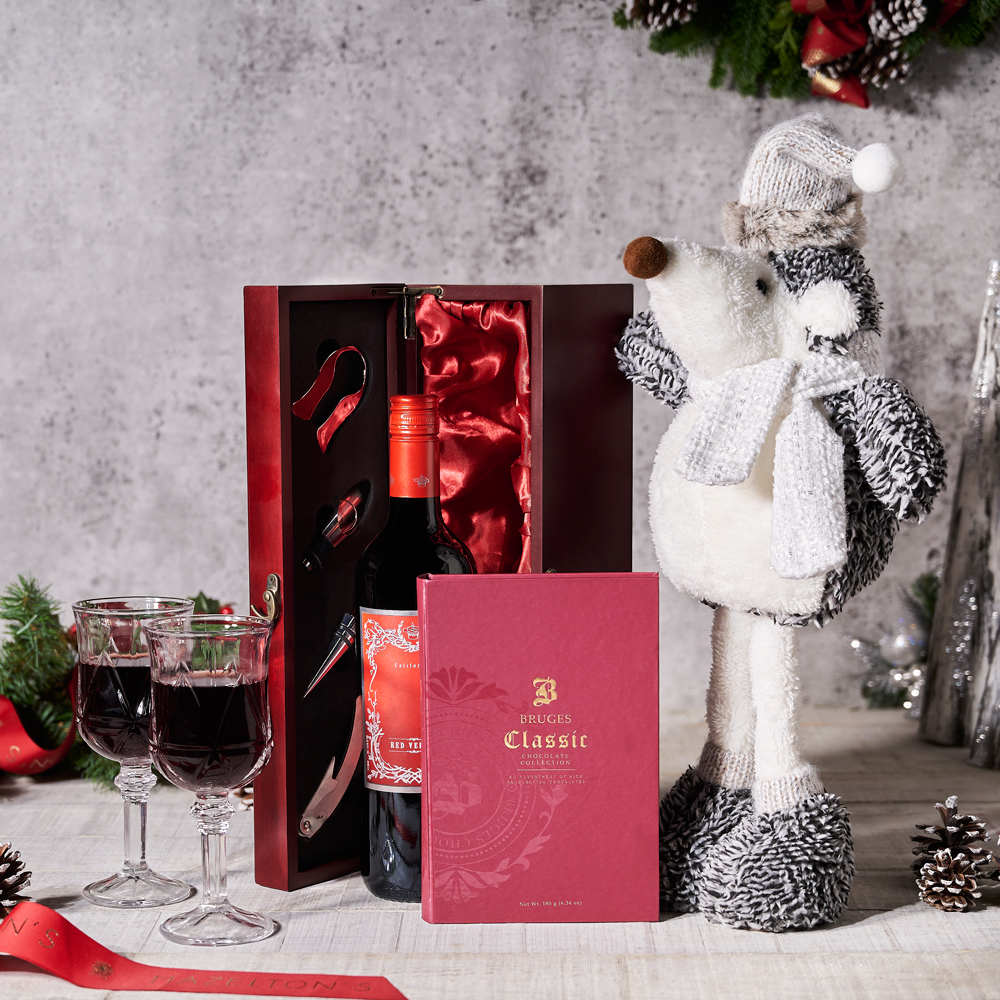 Winter Wine & Chocolate Holiday Gift Set, Christmas Gift Baskets, Wine Gift Baskets, Gourmet Gift Baskets, Xmas Gifts, Plushy, Chocolate, Wine, USA Delivery