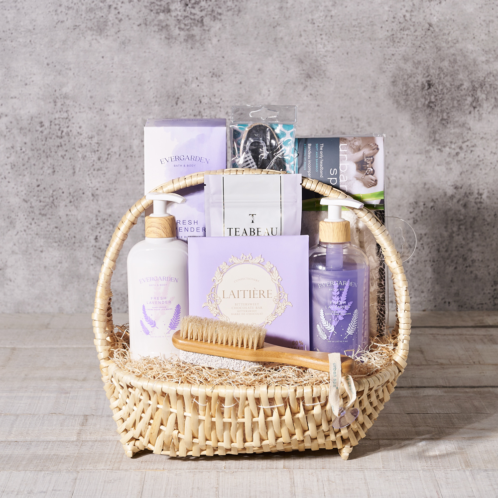 Mom Deserves the Best! Gift Basket, spa, gift basket, basket, delivery, lavender, lavender, hand, soap, cream, chocolate, tea, brush, headband, diffuser, US Delivery
