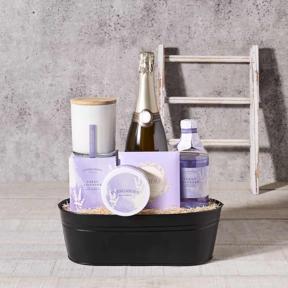 Bath & Champagne Gift Set, champagne gift set, champagne, bucket, candle, chocolate, lavender, bath and body, spa, sparkling wine, champagne gift set delivery, delivery champagne gift set, spa bath and body usa, usa spa bath and body