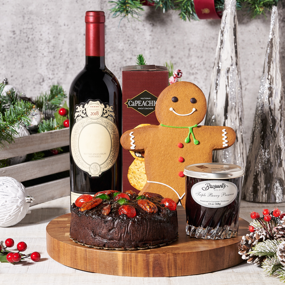 Holiday Gingerbread & Fruitcake Wine Gift, Gourmet Gift Baskets, Wine Gift Baskets, Christmas Gift Baskets, Xmas Gifts, Fruitcake, Wine, Gingerbread, Cracker, USA Delivery