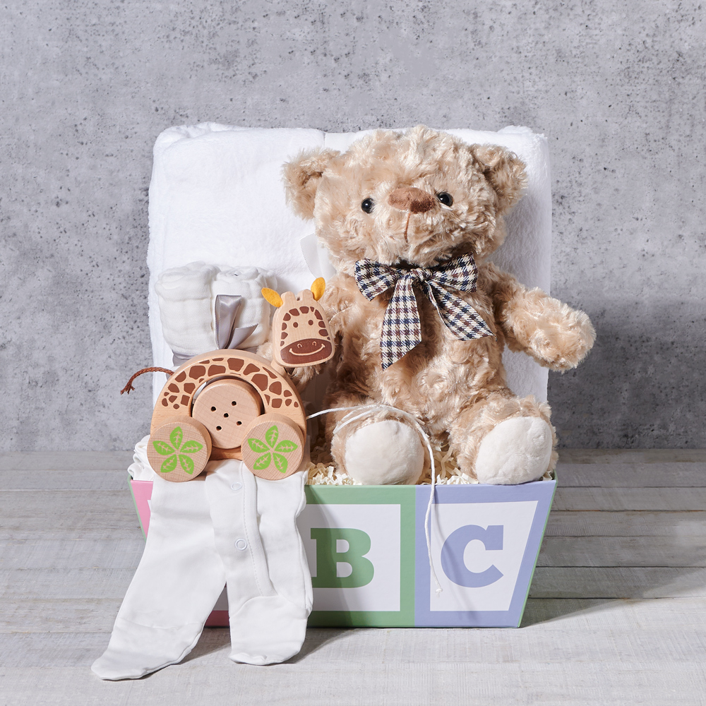 Plush Bear Toy Baby Gift Basket, baby gift, baby, baby shower gift, baby shower, unisex baby gift, unisex baby