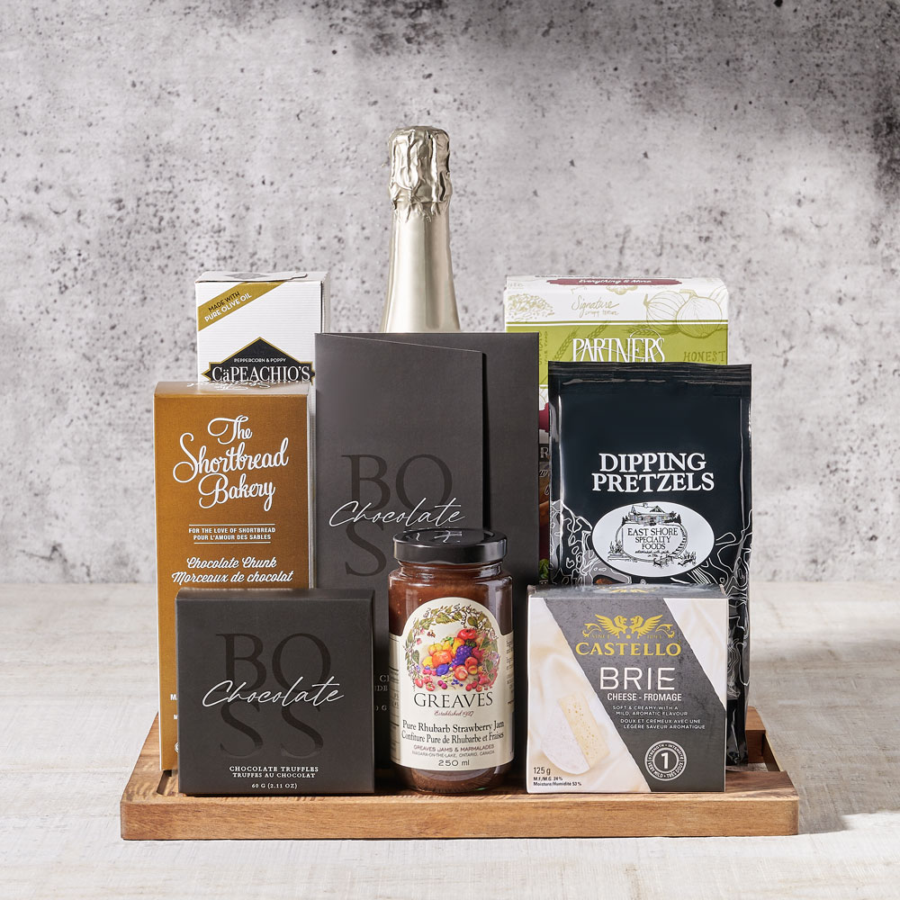 Champagne and Appetizer Cheese Board, Gourmet Gift Baskets, Canada Delivery