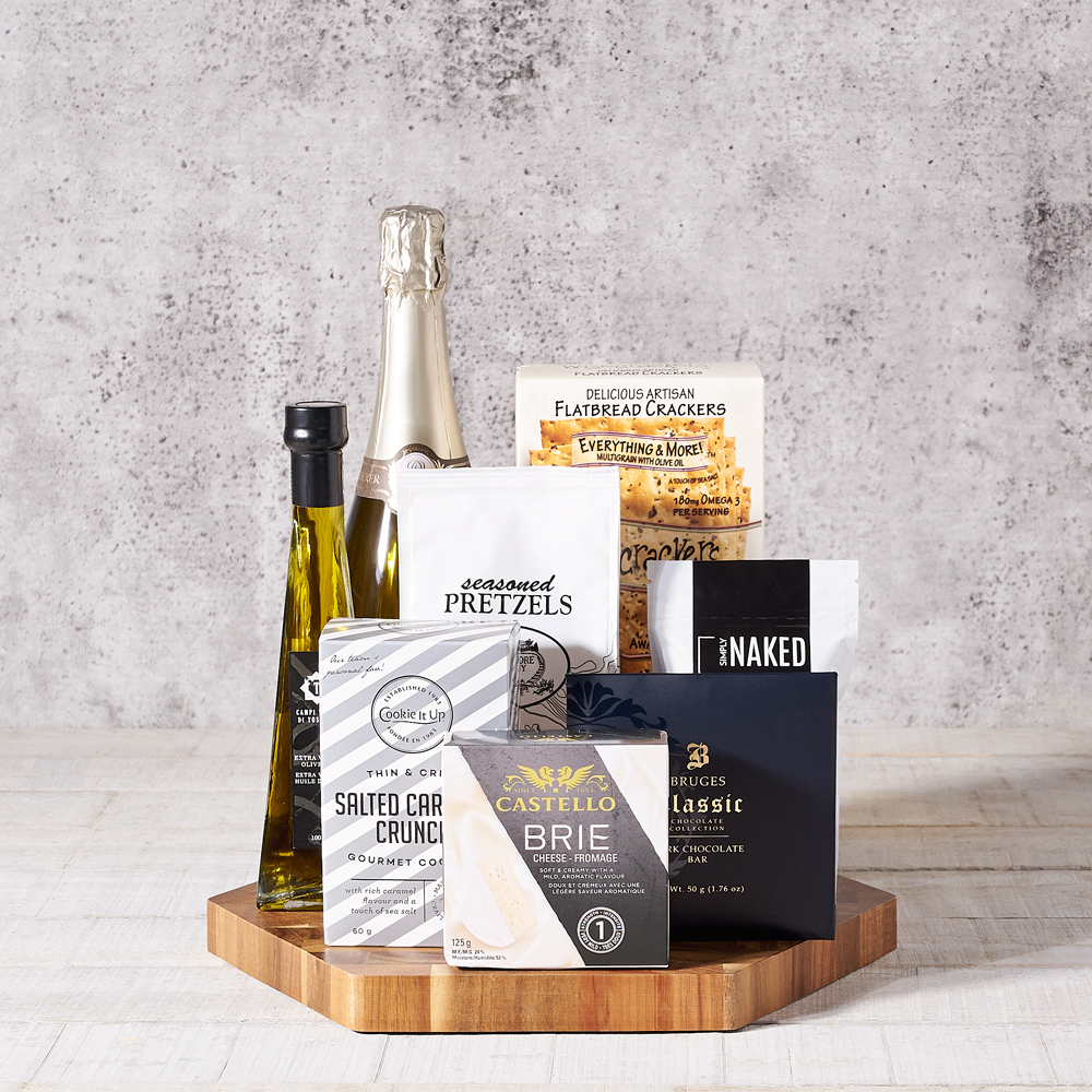 Champagne Delight Gift Board, Gourmet Gift Baskets, Champagne Gift Baskets, Crackers, Champagne, Cheese, Chocolate bar, Nuts, Cookies, USA Delivery