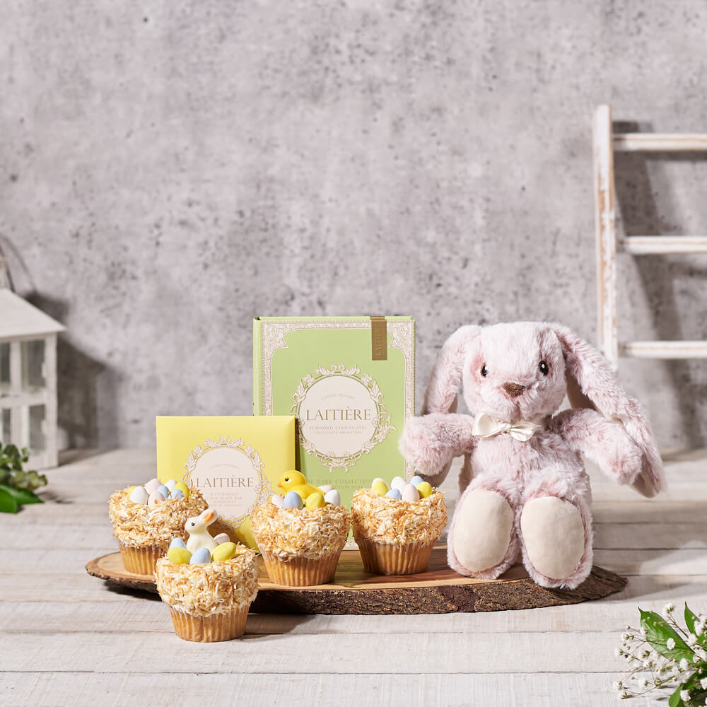 The Easter Treats Gift Basket, easter gift, easter, cupcake gift, cupcake, plush gift, plush, chocolate gift, chocolate, gourmet gift, gourmet