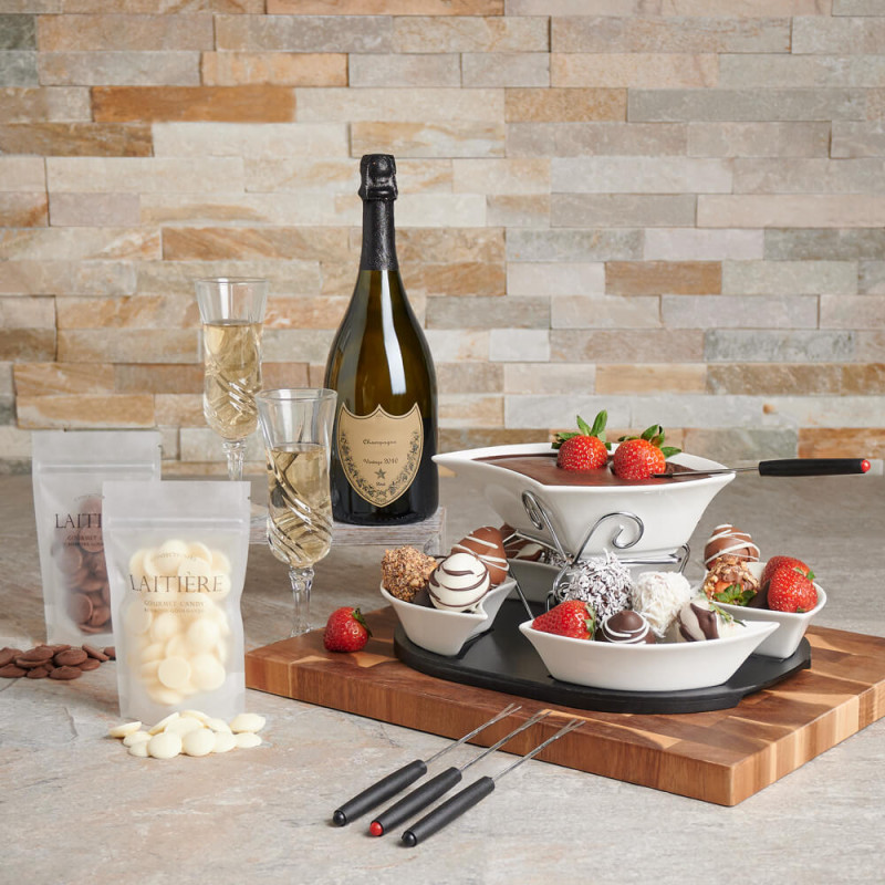 Decadent Champagne & Chocolate Fondue Gift Set Champagne gift baskets