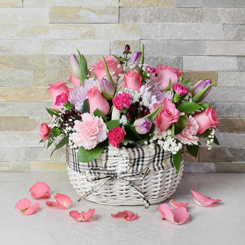 The Floral Bouquet in a Basket includes roses, tulips and more