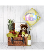 Teddy, Baby & Mom Gift Basket with Wine