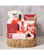 "Celebrating Love" Gift Basket, Valentine's Day gifts, chocolate gifts, plush gifts, sparkling wine gifts