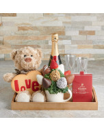 The Chocolate Dipped Strawberries Celebration Bear Gift Basket, Valentine's Day gifts, sparkling wine gifts, chocolate covered strawberries