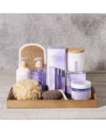 Relaxing Gift Tray, lavender, bath products, bath mitt, loofah, lotion, cream, body wash,. wash, bath, body, candle, diffuser, scented, bath salts, salts, pumice, spa, US delivery, USA delivery


