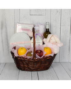 Fresh & Pink Baby Gift Basket with Wine