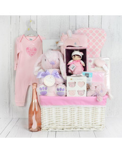 Extravagant Baby Girl Basket with Champagne