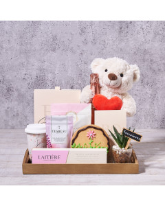 "Celebrating the Mom I Love" Gift Basket, plush gift, mother's day, mother's day gift, tea gift, chocolate gift, champagne, champagne gift