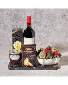 ‘Be Mine’ Wine & Cheese Valentine’s Day Gift Set, Valentine's Day gifts, chocolate covered strawberries, wine gifts