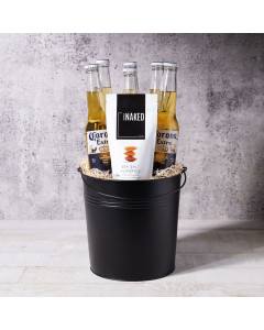 Corona & Sunshine arrives stocked with 6 beers inside a sleek black metal pail, plus a delectable side of sea salted almonds - the perfect gift for any occasion and any friend!