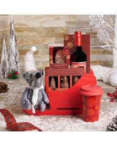 Red Sleigh Christmas Gift Set, christmas gift, christmas, holiday gift, holiday, gourmet gift, gourmet, chocolate gift, chocolate, wine gift, wine