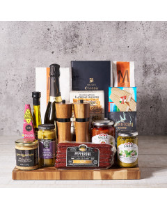 chocolate, cutting board, Italian, Pasta, cheese, espresso beans, champagne, Champagne Gift Basket, gourmet gifts, gourmet gift basket, gourmet, champagne gift basket delivery, delivery champagne gift basket delivery, gift basket canada