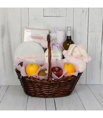 Fresh & Pink Baby Gift Basket with Wine