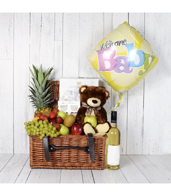 Teddy, Baby & Mom Gift Basket with Wine