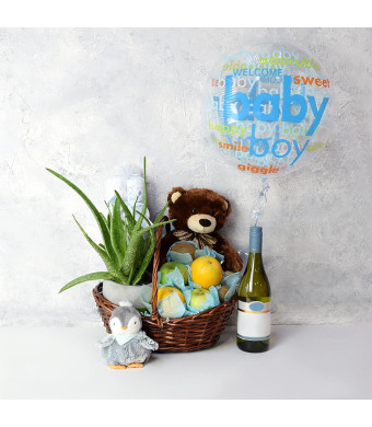 Joyful Baby Boy Gift Basket with Wine