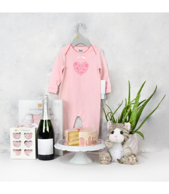 Baby Girl Birthday Starter Basket with Champagne