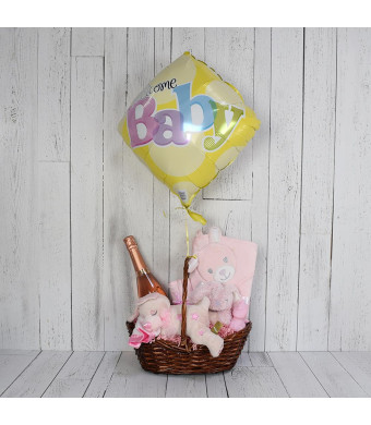 Pretty in Pink Baby Gift Basket with Champagne