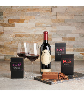 Boss Wine Matching Chocolate & Cutting Board. Wine Gift Baskets, Chocolate Gift Baskets, Gourmet Gift Baskets, USA Delivery