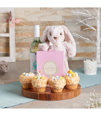 Elegant Easter Gift Basket, easter gift, easter, wine gift, wine, chocolate gift, chocolate, cupcake gift, cupcakes, gourmet gift, gourmet