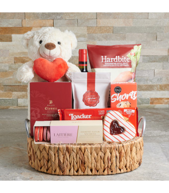 The Romantic Gift Basket, Valentine's Day gifts, plush gifts, wine gifts