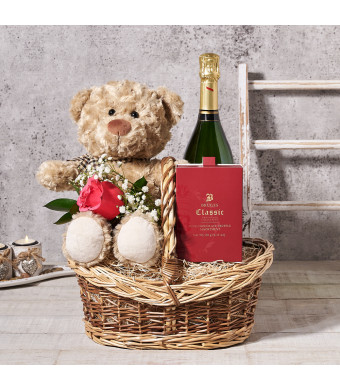 Bear & Bubbly Valentine’s Gift Basket, Valentine's Day gifts, sparkling wine gifts, plush gifts, chocolate gifts