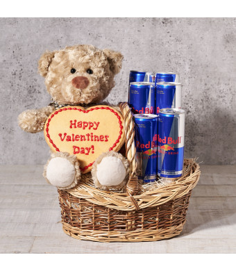 Sweet Valentine's with Hugs Gift Basket, Valentine's Day gifts, red bull, plush gifts, cookie gifts