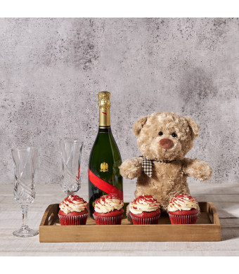 Sweetheart Red Velvet Cupcakes & Champagne Tray, Valentine's Day gifts, sparkling wine gifts, plush gifts, cupcakes