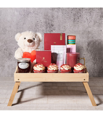 Breakfast in Bed Valentine’s Day Gift Basket, Valentine's Day gifts, plush gifts, cupcake gifts, tea gifts